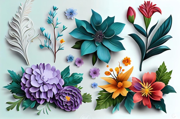 3d render digital illustration vivid paper flowers decorative floral design elements generative ai