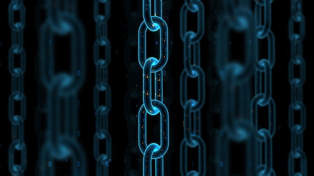 3d render digital technology abstract background. Blockchain concept. Chain with animated binary texture. Depth of field. Loopable rotation of elements.