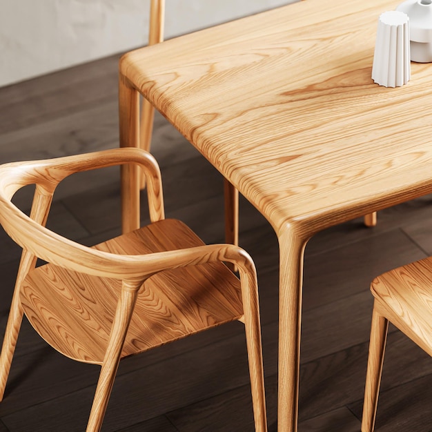사진 3d 세우다 식당 나무 테이블과 의자 가구 인테리어 디자인