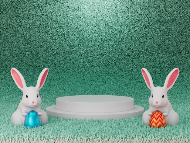 3d render of display podium product decorate with easter bunny rabbit and egg