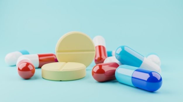 3D Render. Diverse farmaceutische pillen pillen tabletten en capsules