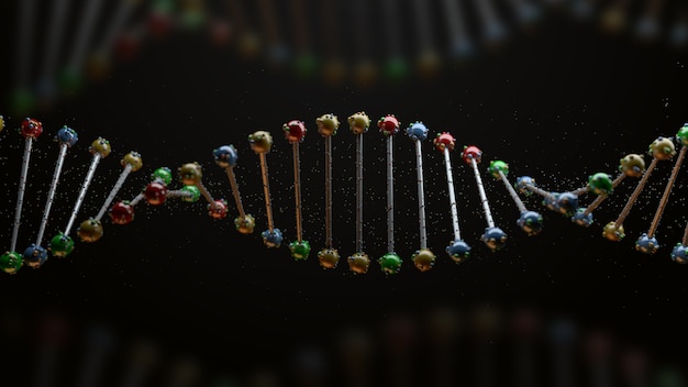 3d render of dna form. science background with helix of reflective spheres. genetic concept.