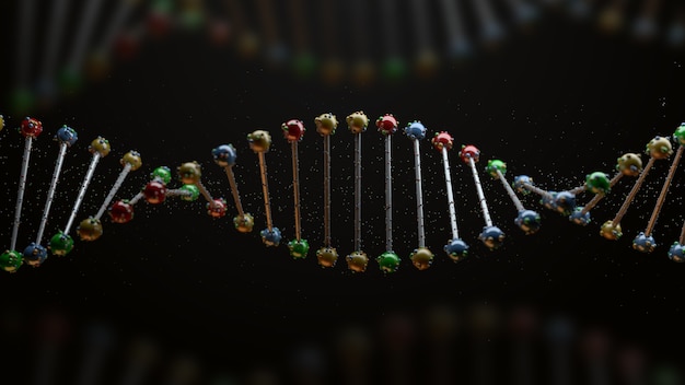 3d render of DNA form. Science background with helix of reflective spheres. Genetic concept.