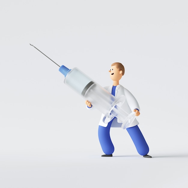 3d render of doctor cartoon character holding big syringe with vaccine against virus. Vaccination clinical research and medical healthcare concept