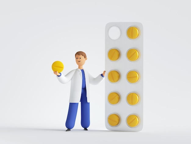 Photo 3d render of doctor cartoon character near the big pack of yellow pills. pharmacist holding one round pill. medical healthcare concept.