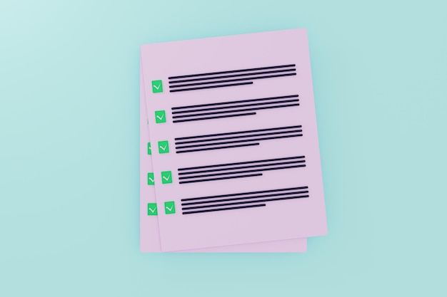 3D render document en checklist papier pictogram.