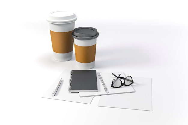 3d render documents and coffee cups