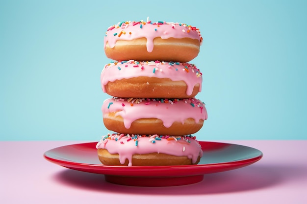 3d render of donuts with pink icing and sprinkles on plate