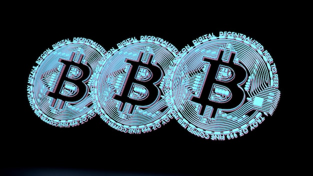 3d render drie licht neon bitcoin op zwarte achtergrond