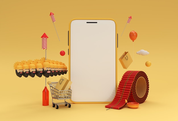 3D Render Dussehra Celebration & Diwali Minimalist modern mockup smartphones for presentation Display Products Advertising Design.