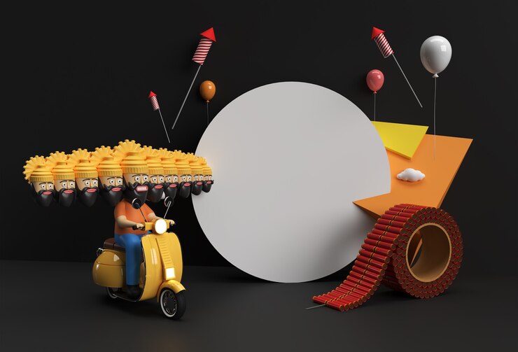 फोटो 3d render dussehra celebration scene of minimal podium scene for display products advertising design.