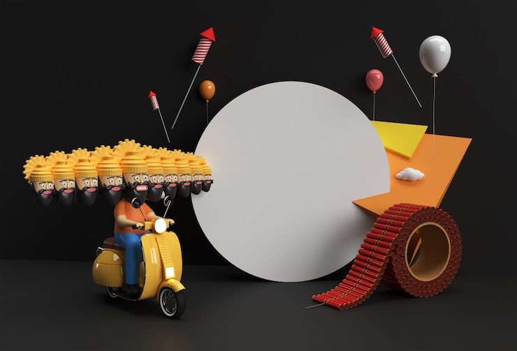 फोटो 3d render dussehra celebration scene of minimal podium scene for display products advertising design.