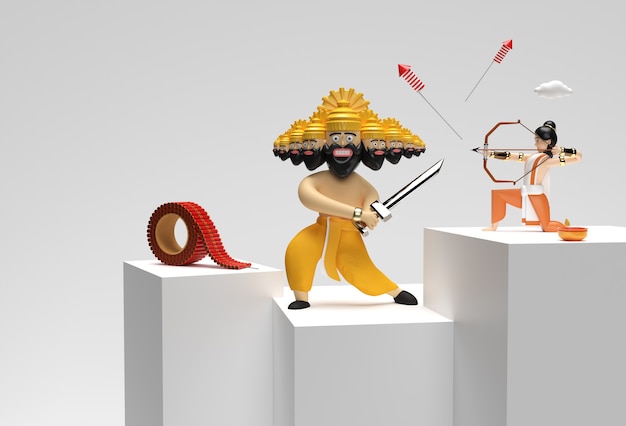 3D Render Dussehra Celebration Scene of Minimal Podium Scene for Display Products Advertising Design.