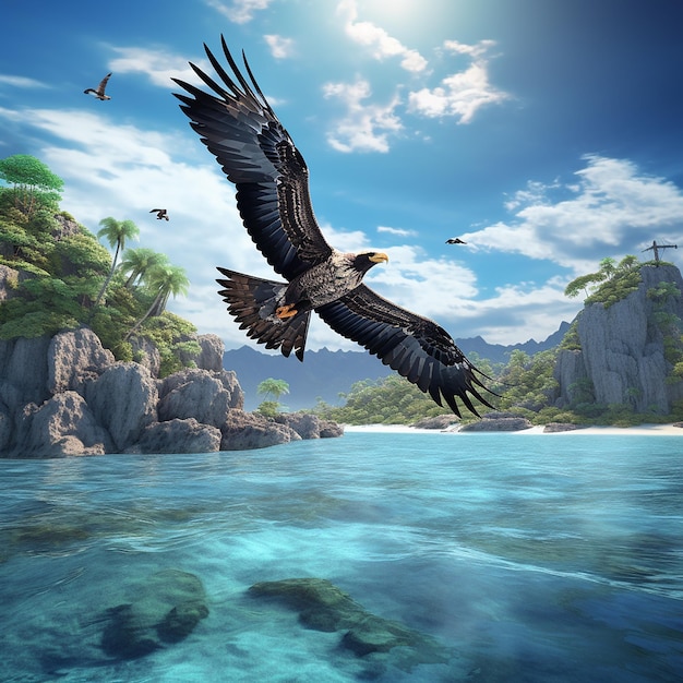 Photo 3d render of an eagle flying over the ocean