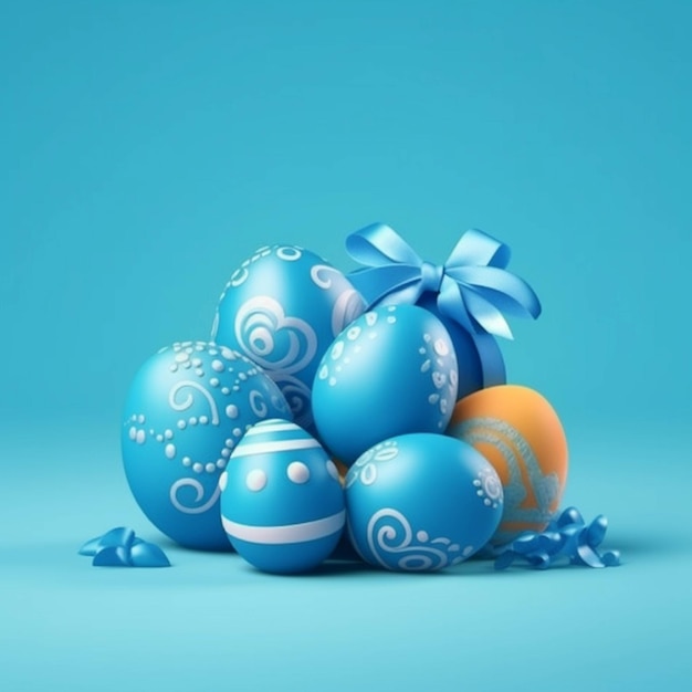 3d render of easter eggs with blue bow on blue background