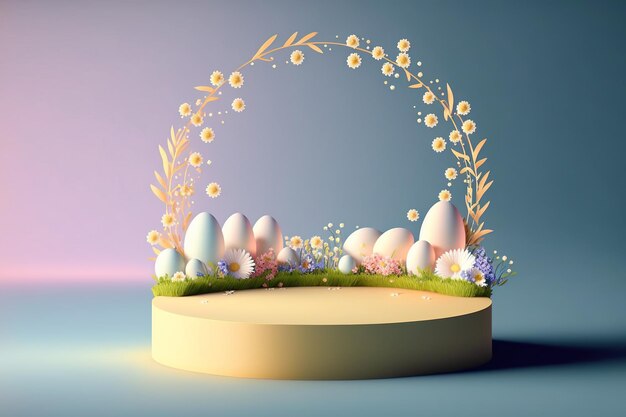 3D рендеринг пасхального приветствия фонового баннера с яйцами и цветком на подиуме продукта