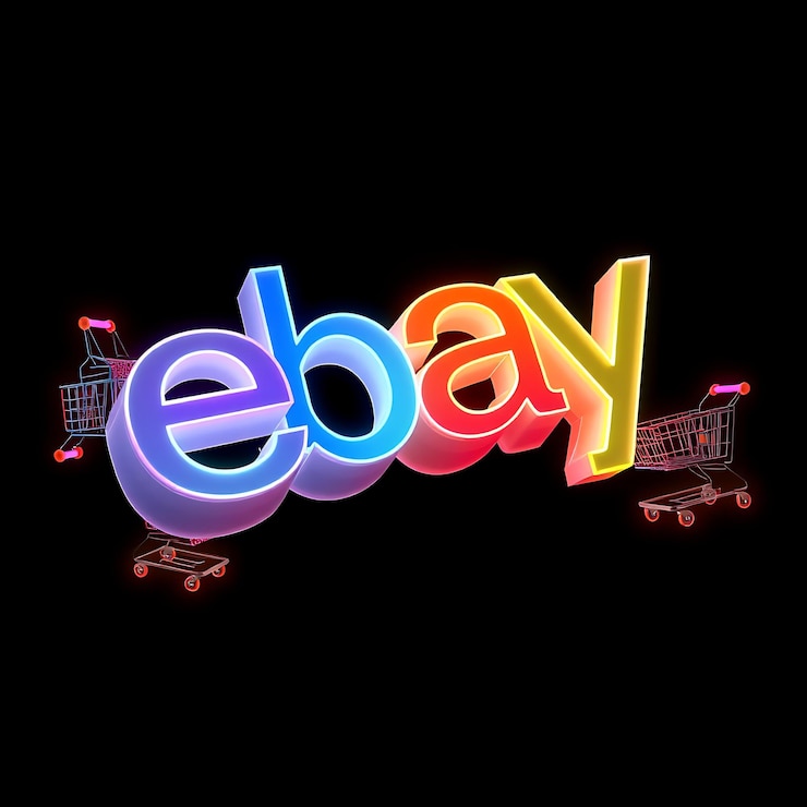 Photo 3dレンダリング ebayのロゴは,ネオン色のが曲がった角度で浮かんでいるフロストされたプラスチックでレンダリングされています.
