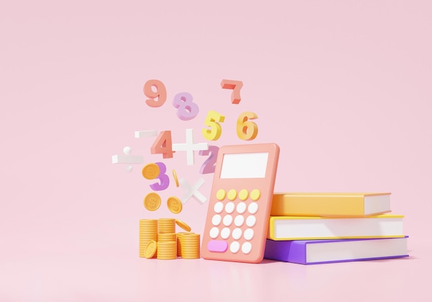 3D render Economics finance education concept. calcalator, analytics, book basic math operation symbols math, plus, minus, multiplication, number divide on pink background. illustration