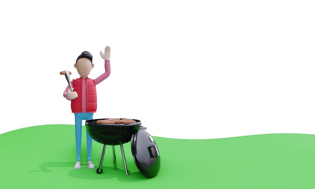 3D render een schattige kerel in een rood vest, frietjes, worstjes op de grill Kebabs en BBQ