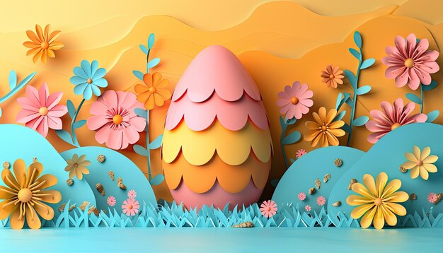 3d render of eggs and flowers for easter day greeting card background