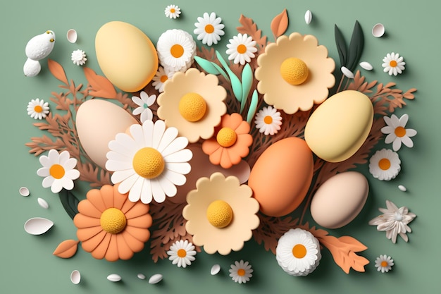 3d render of eggs and flowers for easter day greeting card background
