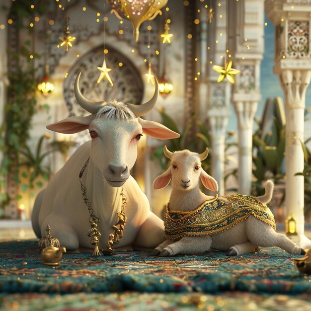 3d render eid al adha with cow and goat
