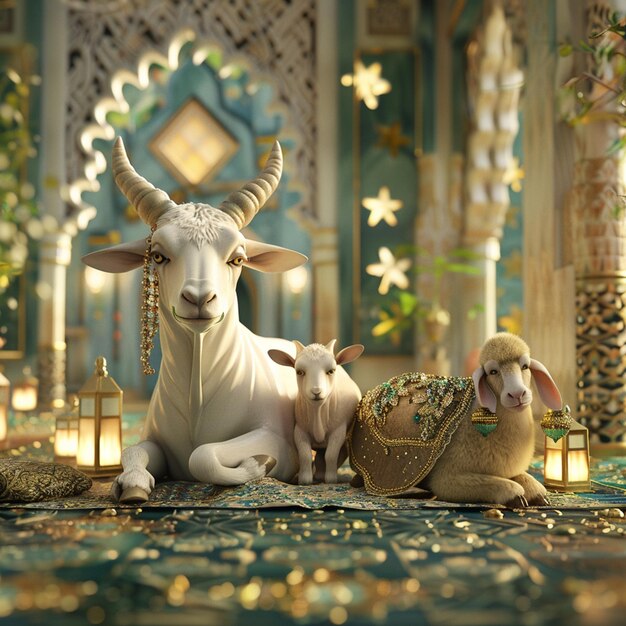 Eid al-Adha와 소와 염소의 3D 렌더링