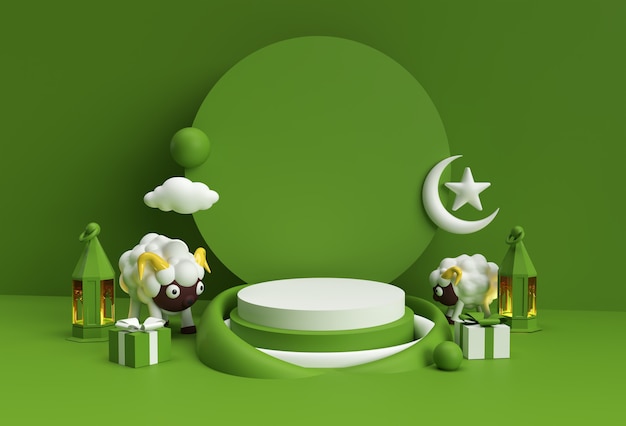 3D Render Eid Mubarak Scene of Minimal Podium Scene for Display Products Design Concept of Islamic Eid al adha Sale Event.