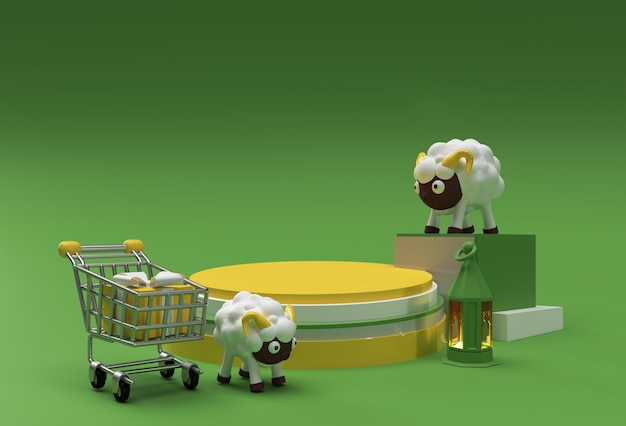 Rendering 3d scena di eid mubarak della scena minima del podio per il concetto di design dei prodotti di visualizzazione dell'evento di vendita islamico di eid al adha.