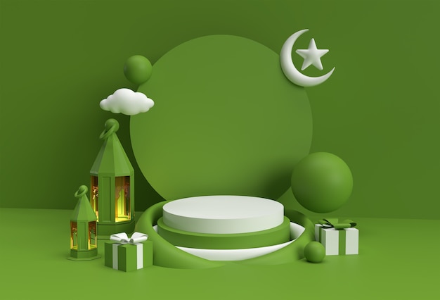 3D Render Eid Mubarak-viering met scène van minimale podiumscène voor reclameontwerp voor displayproducten.