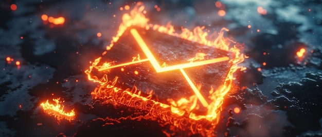 3D render of an email icon ablaze intense fire hot glow with urgent in dark tones 3D render