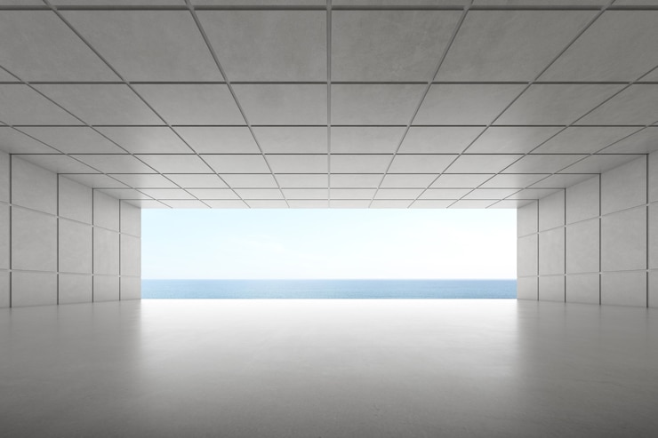 Photo 3d render of empty concrete room with large window on the sea background.