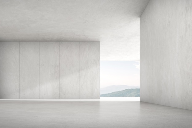 3D визуализация пустой бетонной комнаты с большим окном