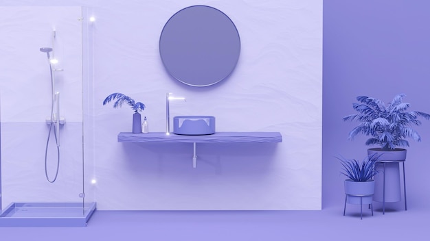 3D render an empty purple blue vanity counter with washbasin and modern style faucet