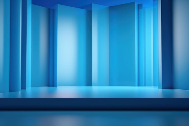 3D render of empty room with shadows of window for display product Blue studio background for product presentation