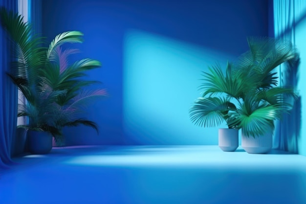 3D render of empty room with shadows of window for display product Blue studio background for product presentation