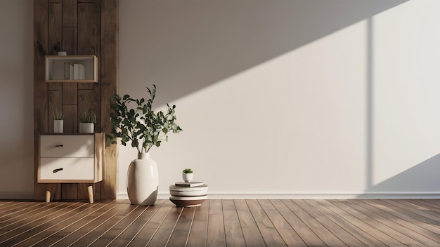 3d render of empty room with white wall and vase of plant on wooden laminate floor