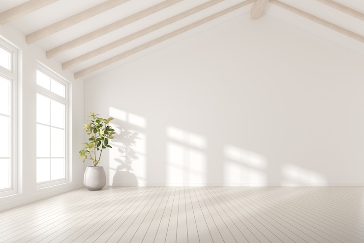 Photo 3d render of empty room with white wall and vase of plant on wooden laminate floor.