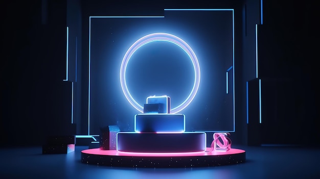 3d render empty stage with neon light and gift boxes Generative Ai