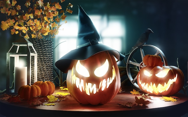 3d render enge halloween-pompoenen met oplichtende ogen en mout op houten plank met halloween-decor