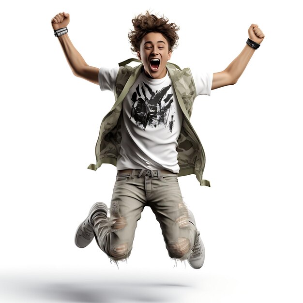 Photo 3d render of enthusiastic teenager dancing with arms raised joyful expres on white background clean