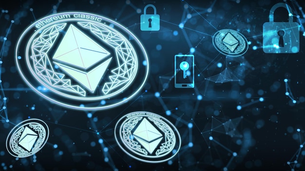 Rendering 3d di ethereum per criptovaluta su sfondo blu futuro