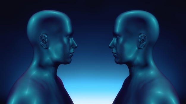 Photo 3d render face to face humanoid figure