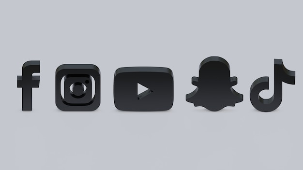 3d render facebook, instagram, youtube, snapchat and tiktok black logos on grey background