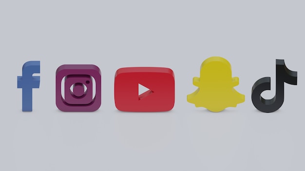 3d render facebook, instagram, youtube, snapchat and tiktok colorful logos on grey background