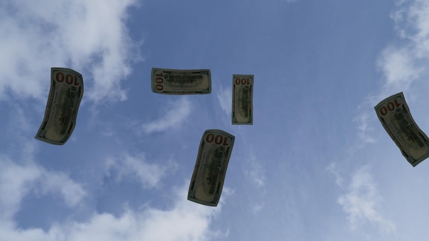 3d render. Falling 100 dollar bills. On the blue sky background