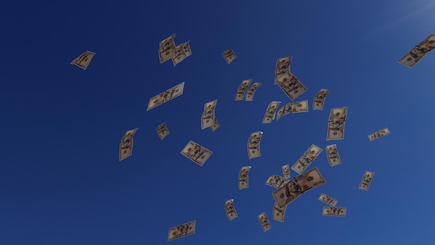Фото 3d рендеринг. падение 100 долларовых купюр. на фоне голубого неба