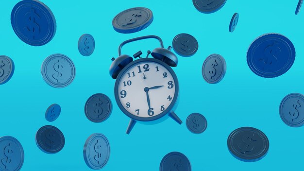 3d Render of Falling blue dollar coins and clock time is money concept