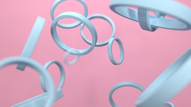 3d render falling rings on pink background