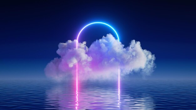 Foto 3d render fantasy achtergrond met gloeiende neon boog portaal en witte wolk